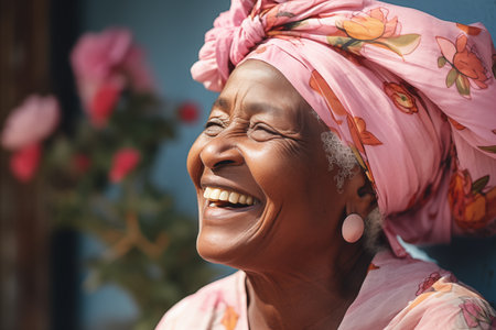 Portrait of a senior African woman wearing headscarf and laughingの素材
