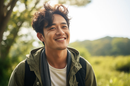 Handsome young man looking at camera and smiling outdoorsの素材