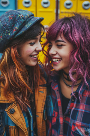 Young pretty teenage hipster girls together having fun happy smiling,の素材