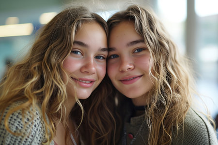 Portrait of two teenage girls looking at camera and smilingの素材