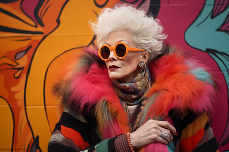 Fashionable middle aged woman in sunglasses and fur coat on graffiti wall backgroundの素材