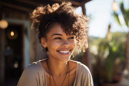Portrait of a beautiful young woman with afro hairstyle smiling outdoorsの素材