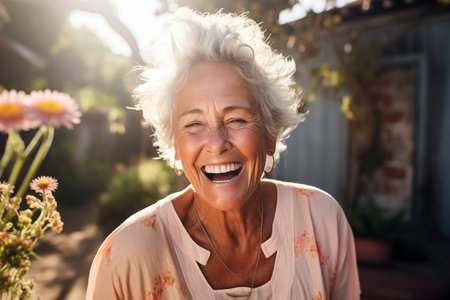 Portrait of happy senior woman laughing in garden on a sunny dayの素材