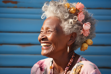 Happy senior african american woman smiling against blue wallの素材