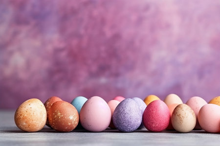 Easter eggs in pastel colors on a pink background. Copy space.の素材