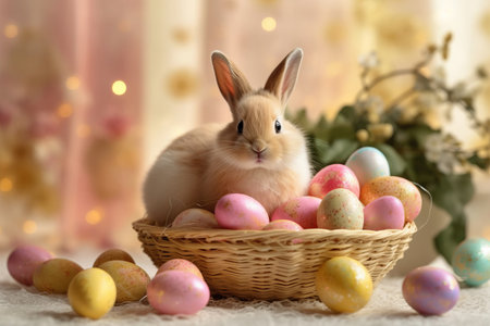 Cute little bunny and easter eggs in basket on light backgroundの素材