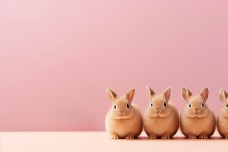 Group of cute little Easter bunnies on pink background, copy spaceの素材