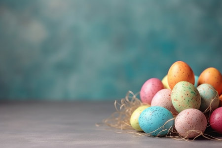 Colorful easter eggs on rustic background with copy space.の素材