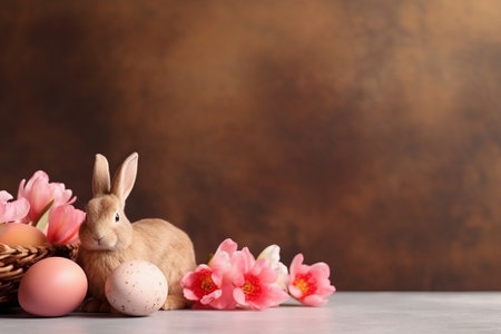 Easter bunny with eggs and flowers on rustic background with copy spaceの素材