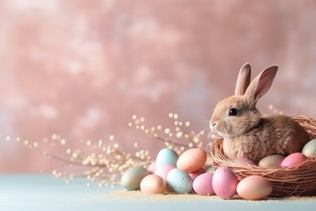 Easter bunny with eggs and flowers on pink background with copy spaceの素材