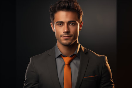 Young man in black suit and orange tie on dark backgroundの素材