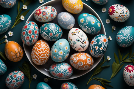 Colorful painted easter eggs with flowers on a blue background.の素材