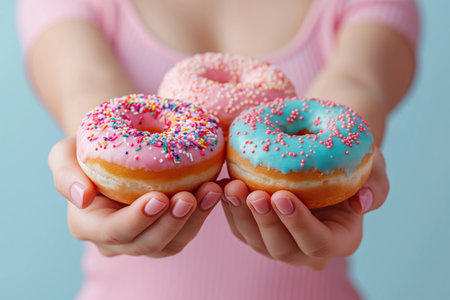 Woman Holding Three Colorful Sprinkled Donuts Against a Light Blue Backgroundの素材