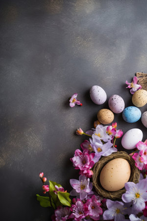 Easter eggs and spring flowers on dark background. Top view with copy spaceの素材
