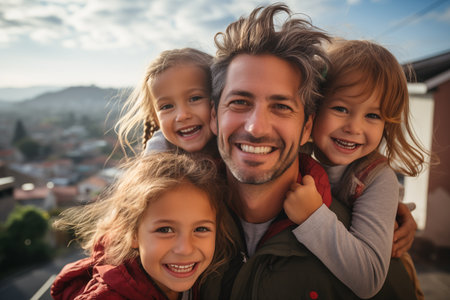Portrait of a happy father with his children Enjoying Family Time Outdoorsの素材