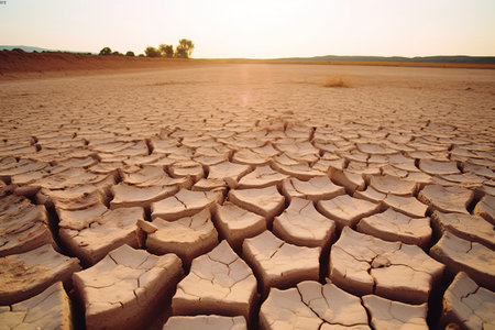 Cracked Earth in a Dry Desert Landscape at Sunsetの素材