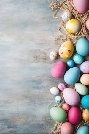 Top view of Colorful easter eggs on rustic wooden background with copy spaceの素材