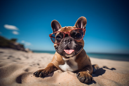 Happy French Bulldog Wearing Sunglasses Relaxing on a Sunny Beach Dayの素材