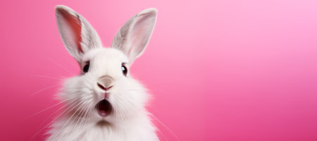 Surprised looking white rabbit Against a Vibrant Pink Backgroundの素材