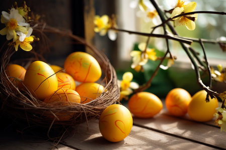 Yellow Easter eggs in a nest with flowers on a wooden tableの素材