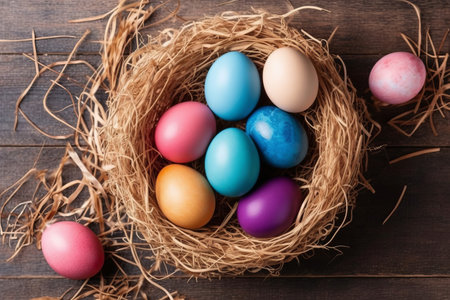 Colorful easter eggs in nest on wooden background, top viewの素材