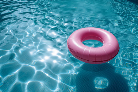 Pink Inflatable Swimming Ring Floating in Clear Blue Pool Waterの素材