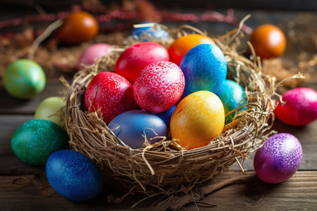 Colorful Easter eggs in a nest on a wooden backgroundの素材