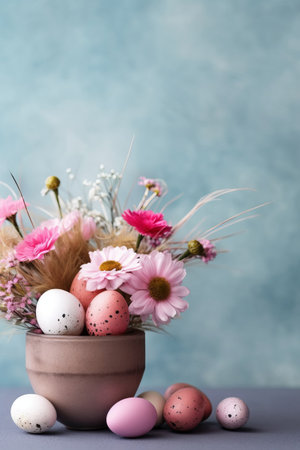 Easter eggs in a clay pot with flowers on a blue backgroundの素材
