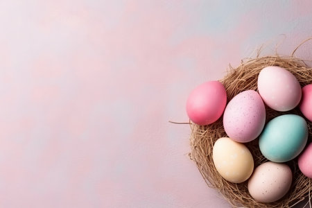 Top view of Colorful easter eggs in nest on pink background. Easter background with copy spaceの素材