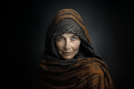 Elderly Woman With Intense Gauze Wearing a Traditional Headscarf in Studio Portraitの素材