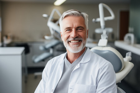 Portrait of a smiling dentist standing in his office and looking at cameraの素材