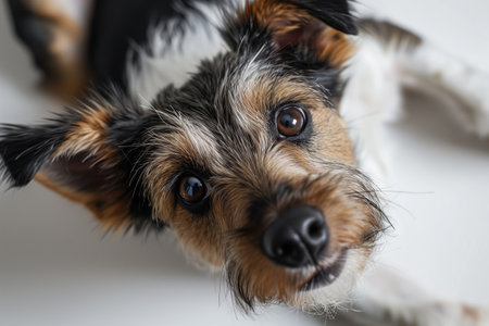 Curious Mixed Breed Dog Posing for a Close-Up Portrait Against a White Backgroundの素材