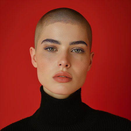 Beautiful Woman With Shaved hair Against a red Backgroundの素材