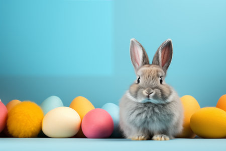 Easter bunny rabbit with colorful eggs on blue background with copy space. Easter holiday concept.の素材