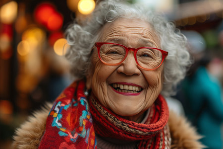 Joyful Elderly Woman With Bright Red Glasses and Scarf Smiling Outdoors in a Market Settingの素材