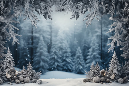 Snow-Covered Pine Trees and Glistening Snowflakes. Winter background with copy spaceの素材