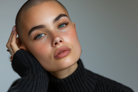 Beautiful Woman With Shaved hair Against a Gray Backgroundの素材
