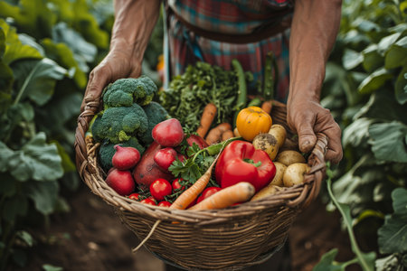 Farmer Holding a Fresh Harvest of Mixed Vegetables in a Rustic Basket Outdoorsの素材