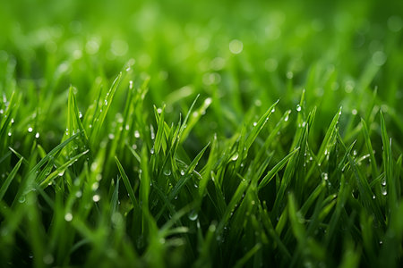 Fresh green grass with dew drops close up. Natural background.の素材