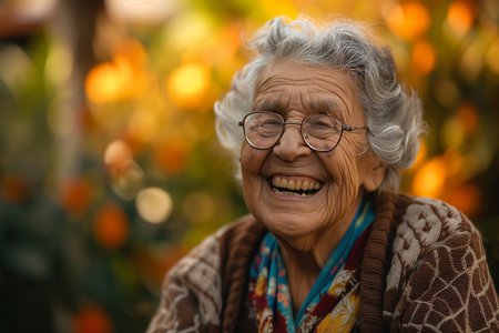 Joyful Elderly Woman Laughing Outside During Golden Hour in a Gardenの素材