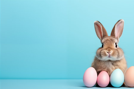 Easter bunny rabbit with colorful eggs on blue background with copy space. Easter holiday concept.の素材