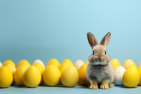 Easter bunny rabbit with yellow easter eggs on blue background with copy space. Easter holiday concept.の素材