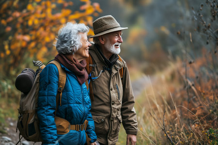Cheerful Elderly Couple Enjoying a Scenic Autumn Walk in the Countrysideの素材