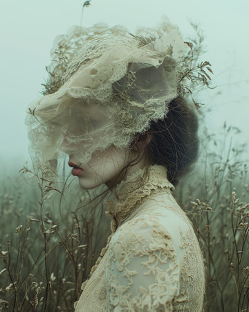 Woman in Lace Veil Standing in Misty Field at Twilightの素材