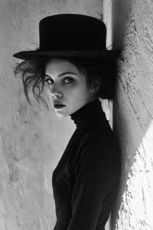 Portrait of a beautiful girl in a hat. Black and white photo.の素材