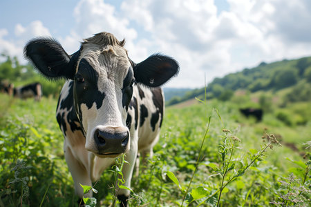 Funny cow on a green fieldの素材