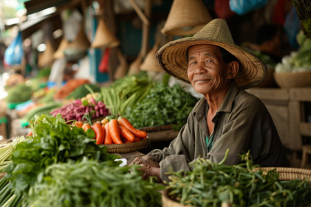 Elderly Man Selling Fresh Vegetables at a Traditional Market Stall in Southeast Asiaの素材