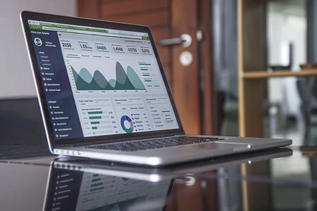 Laptop with analytical data on office tableの素材