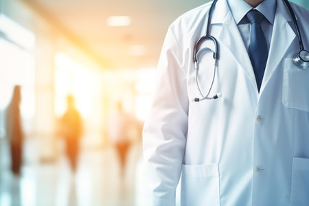 Doctor with stethoscope standing in hospital corridor. Medical and healthcare concept.の素材