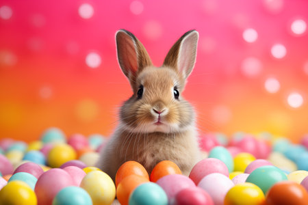 Cute bunny with easter eggs on colorful backgroundの素材